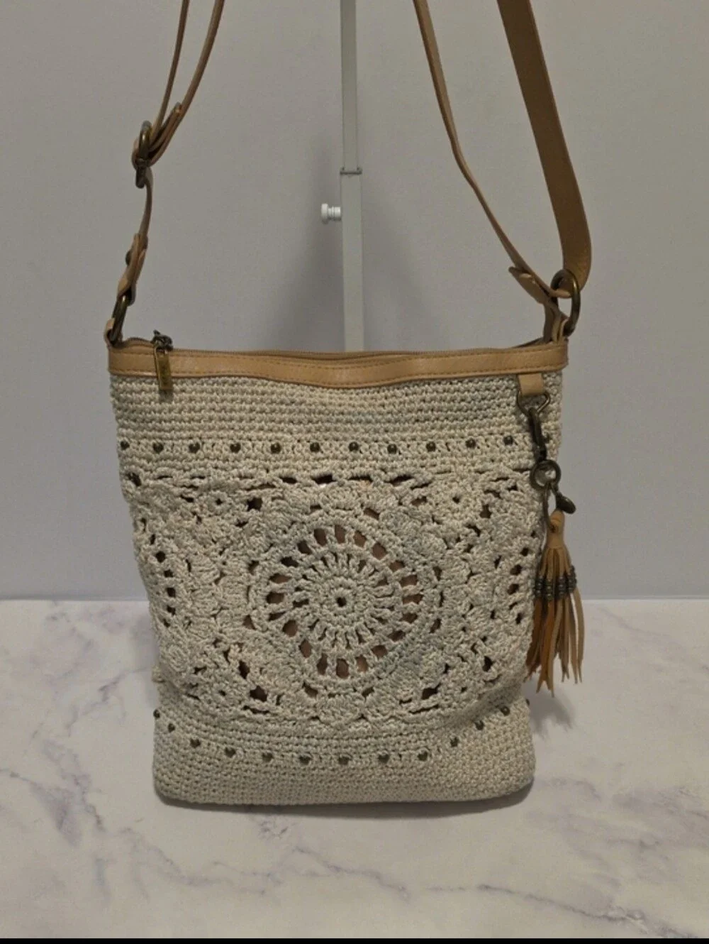 The Sak Crochet Pattern Crossbody Bag with Tan Trim